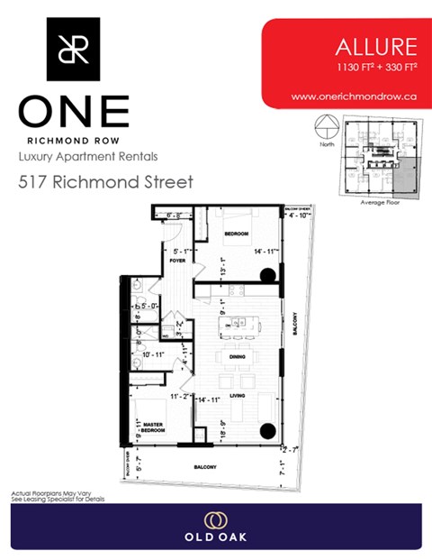 Floor plan for 2 beds, 2 baths, 1130 sqft